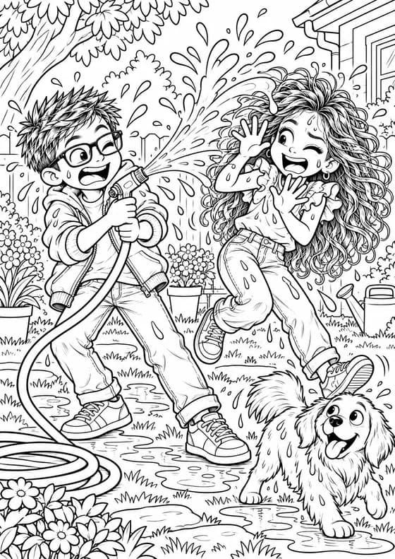 Coloriage la bataille d’eau avec Tatan et Avouchka