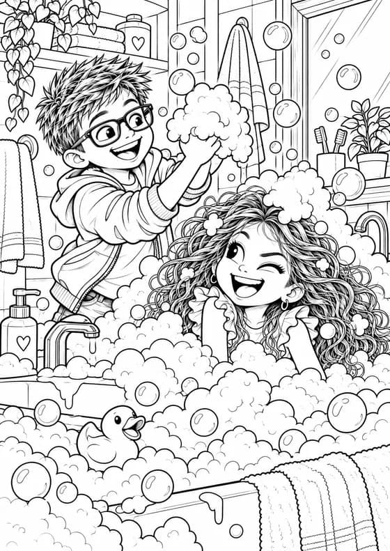 Coloriage le bain moussant avec Tatan et Avouchka