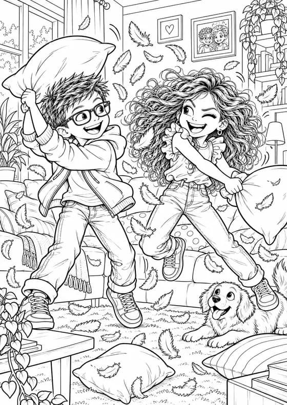 Coloriage la bataille d’oreillers avec Tatan et Avouchka
