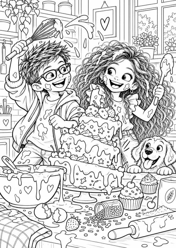 Coloriage le gâteau catastrophe avec Tatan et Avouchka