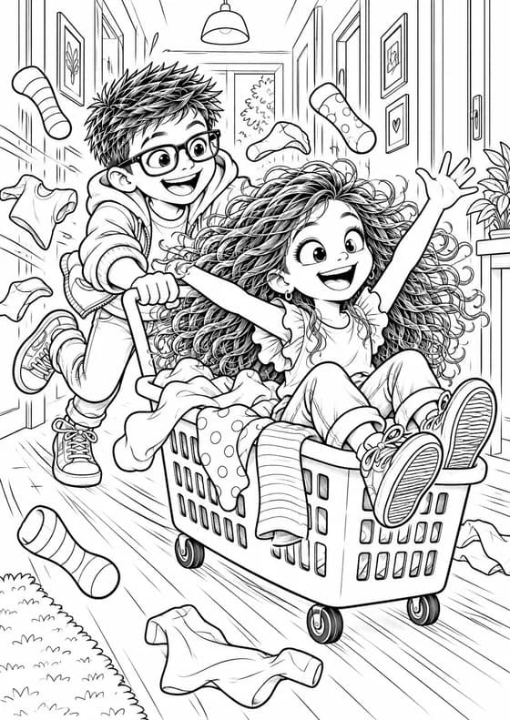 Coloriage la course en panier avec Tatan et Avouchka