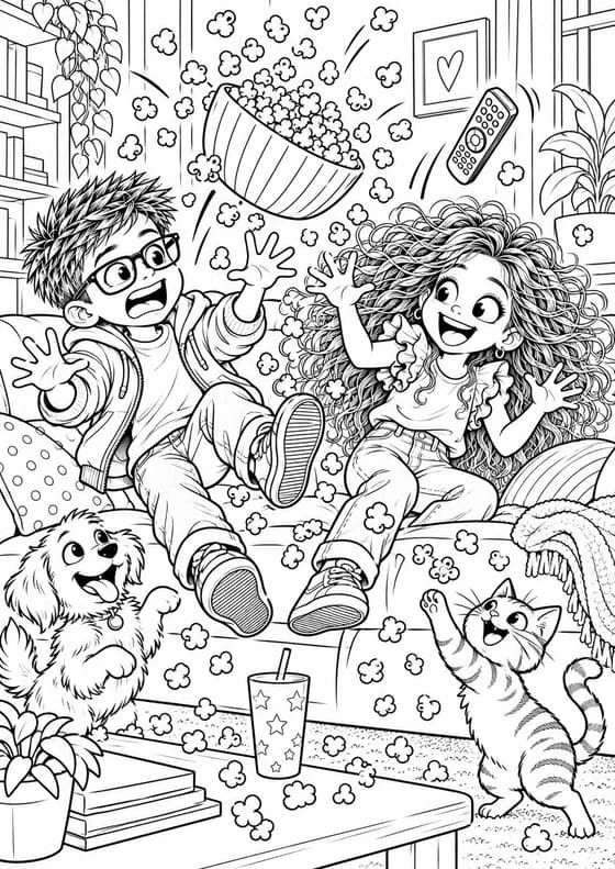 Coloriage le popcorn volant avec Tatan et Avouchka